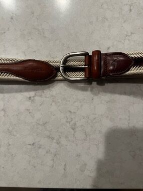 Tommy Bahama Braided Cream Fabric Belt with Brown Leather Trim